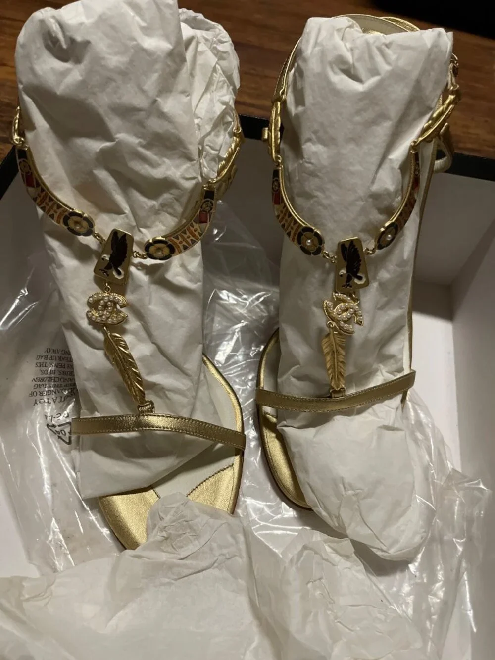 Chanel Gold Logo Charm Sandals with Pearl & Feathers, Ankle Strap, Size 41